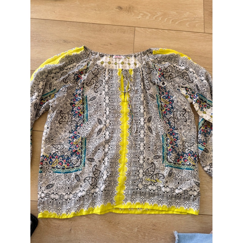 Johnny Was  100% Silk Paisley Blouse Yellow White Floral Peasant Top XS 200